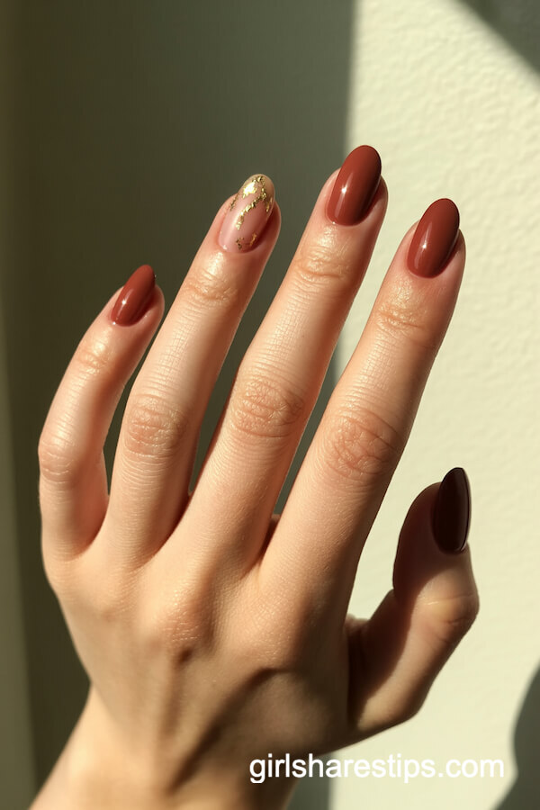 Mocha Nails with Gold Foil Accent