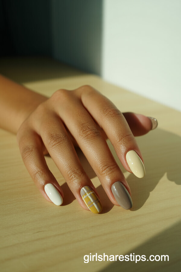 Muted Plaid Accent Almond Nails