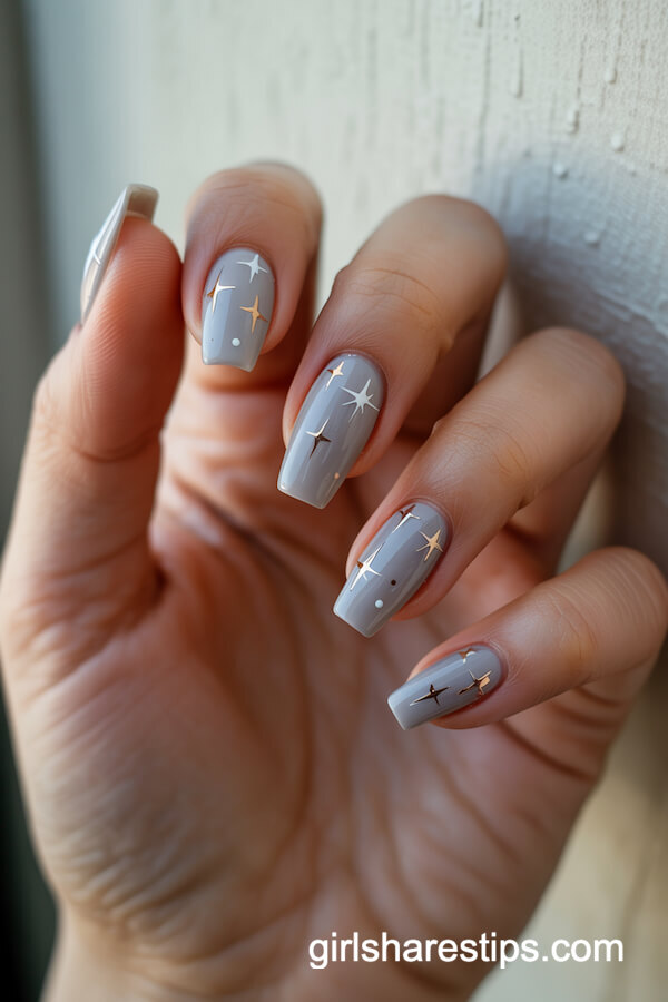 Sheer Grey Nails with Star Details