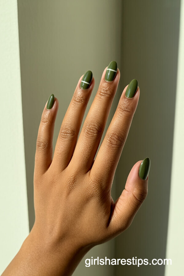 Olive Ballerina Nails with White Stripe