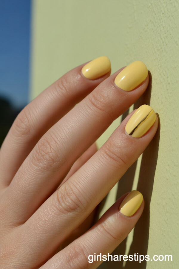 Pale Butter Yellow Round Nails with Gold Stripe Accent