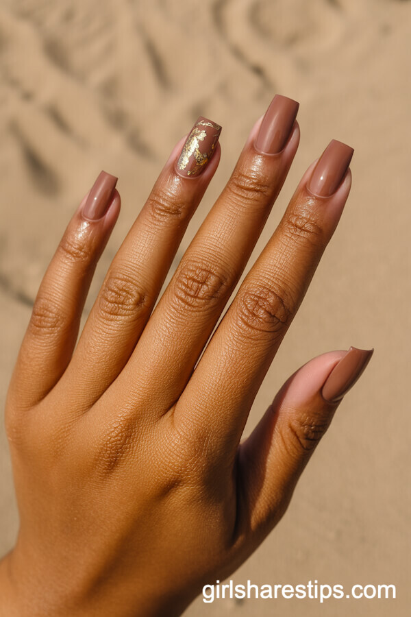 Light Cocoa Nude Square Nails with Gold Foil Details
