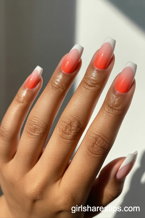 Coral to Milky White Ombre Ballerina Nails