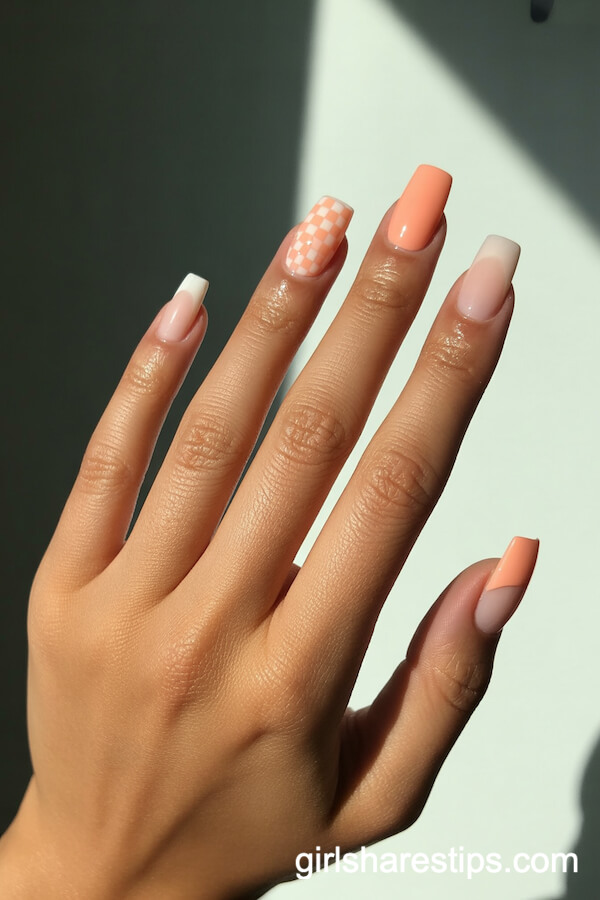 Peach Checkerboard and Translucent Square Nails