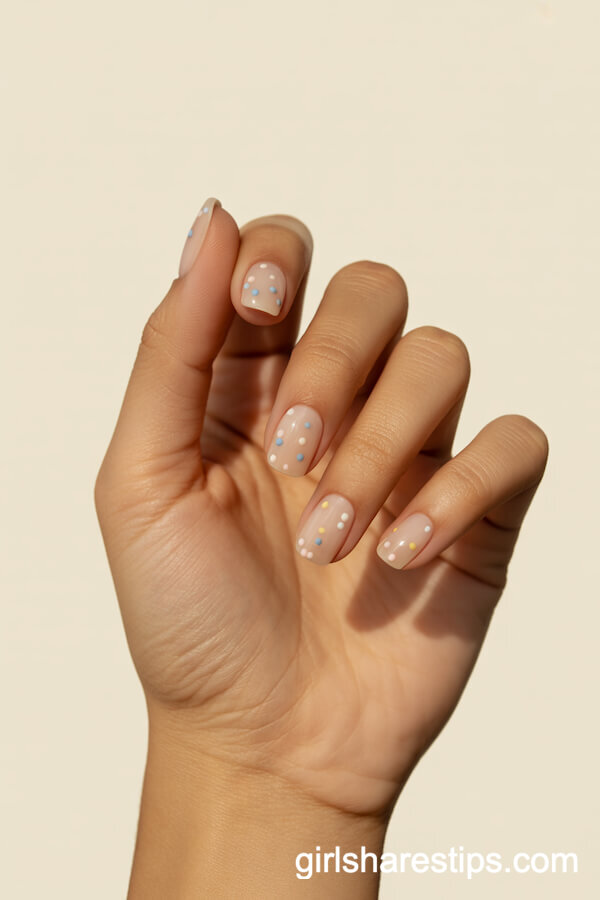 Sheer Nude Soft Square Nails with Micro Pastel Dots