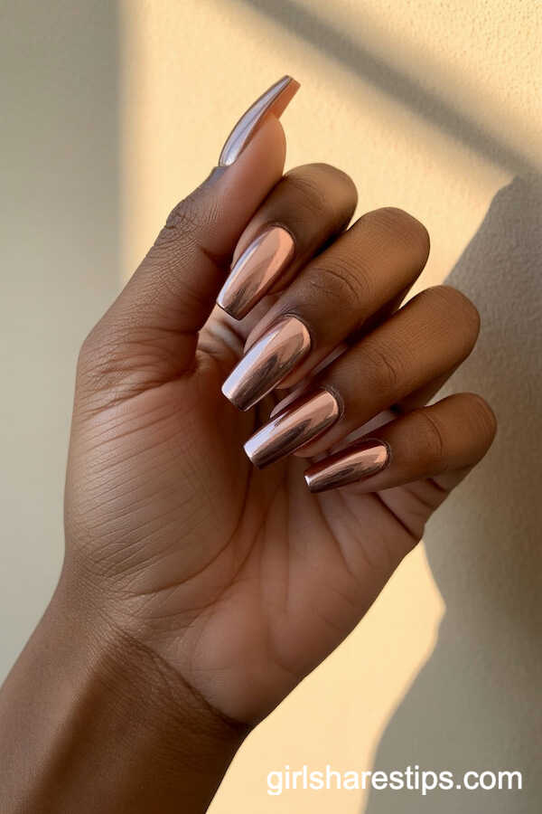 Rose Gold Chrome Coffin Nails