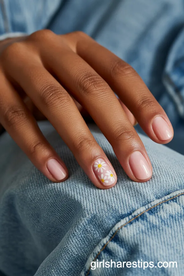 Sheer Pink Short Nails with White Daisy Art