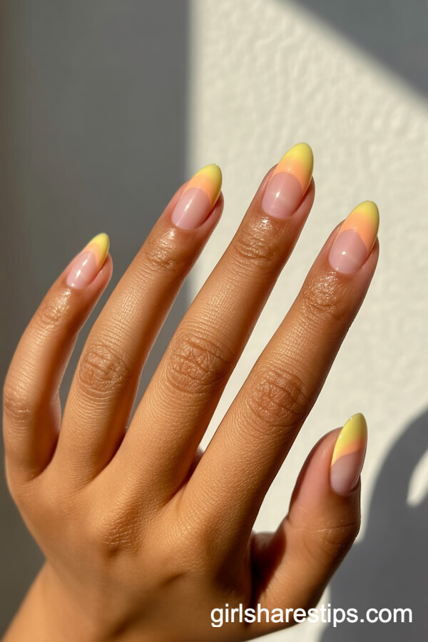 Sunset Ombre Almond Nails in Peachy Pink and Yellow
