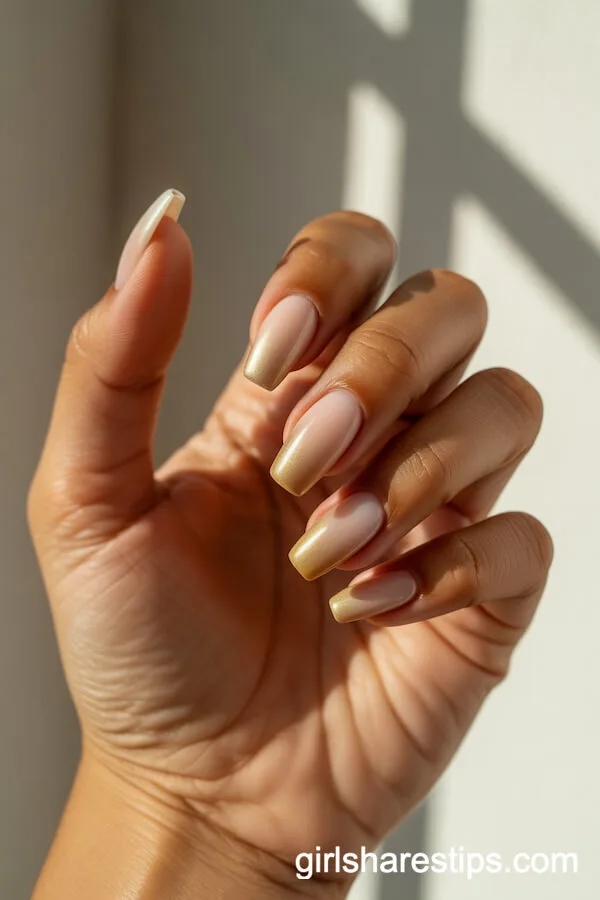 Beige to Soft Gold Ombre Coffin Nails