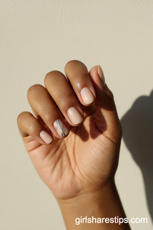 Sheer Nude Short Nails with Minimalist Silver Lines