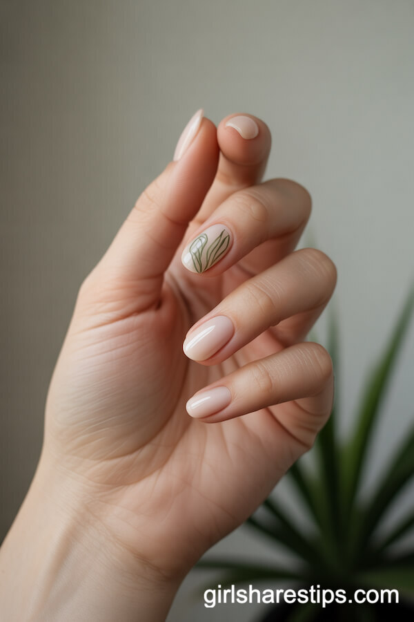 Nude Squoval Nails with Subtle Green Botanical Art
