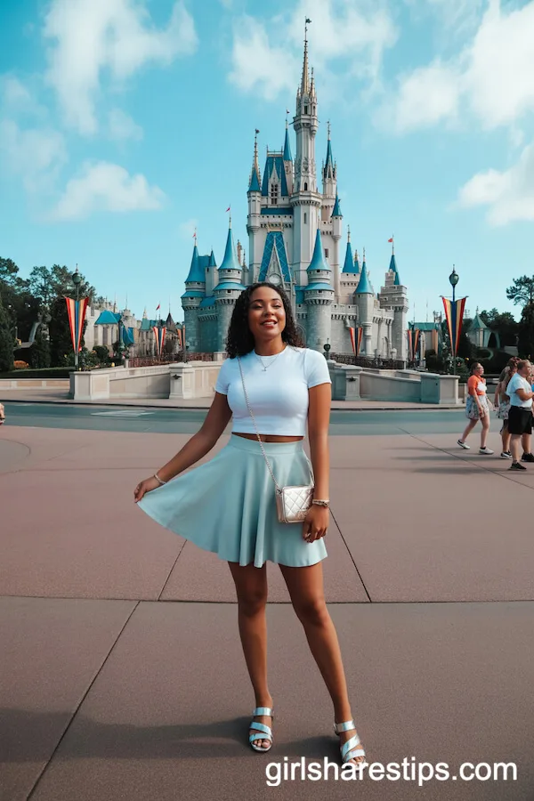 Pale Blue Skater Skirt With White Crop Top and Silver Sandals