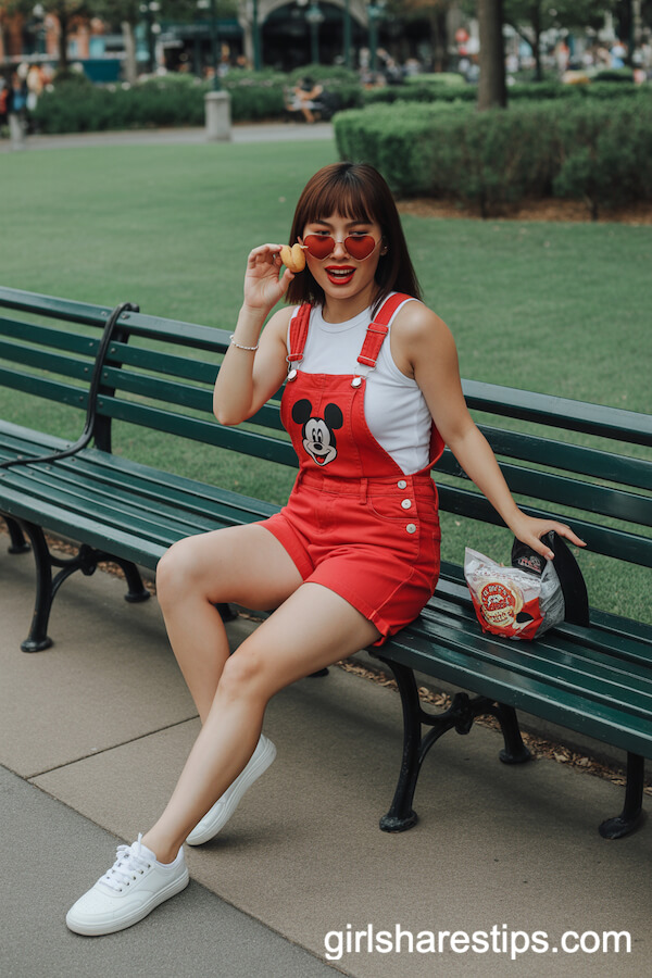 Red Denim Short Overalls With White Disney Tank and Heart Sunglasses