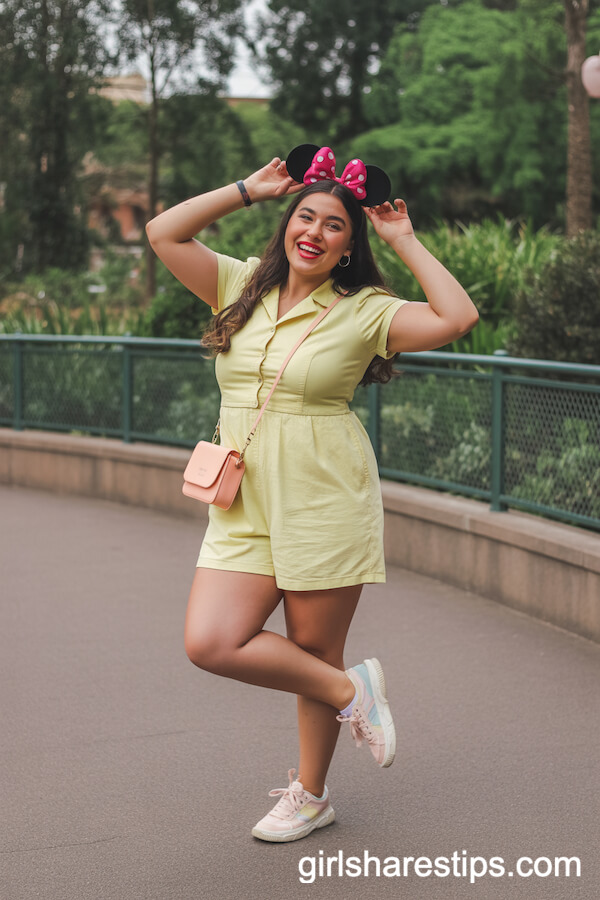 Pastel Yellow Romper With Pink Minnie Ears Headband