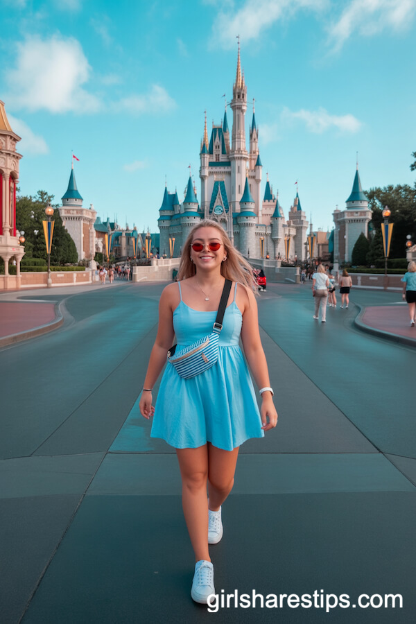Sky-Blue Spaghetti Strap Dress With Red Sunglasses and Fanny Pack