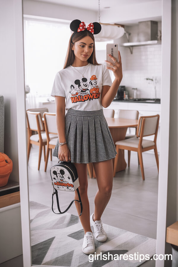 White Disney Halloween Tee With Gingham Mini Skirt and Minnie Ears