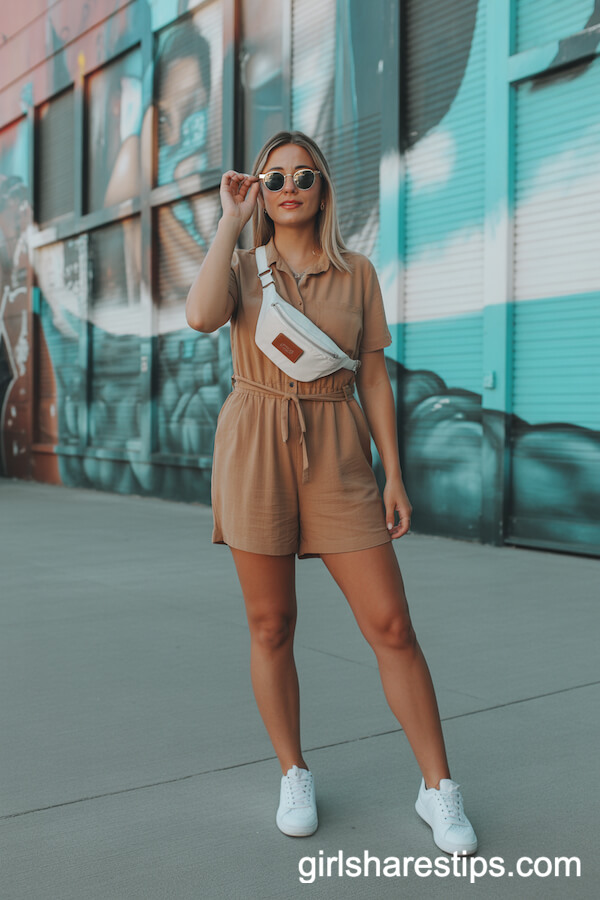 Tan Romper With White Belt Bag and Sneakers