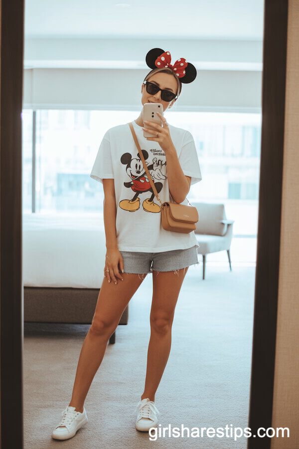 Classic White Disney Tee With Denim Shorts and Red Minnie Headband