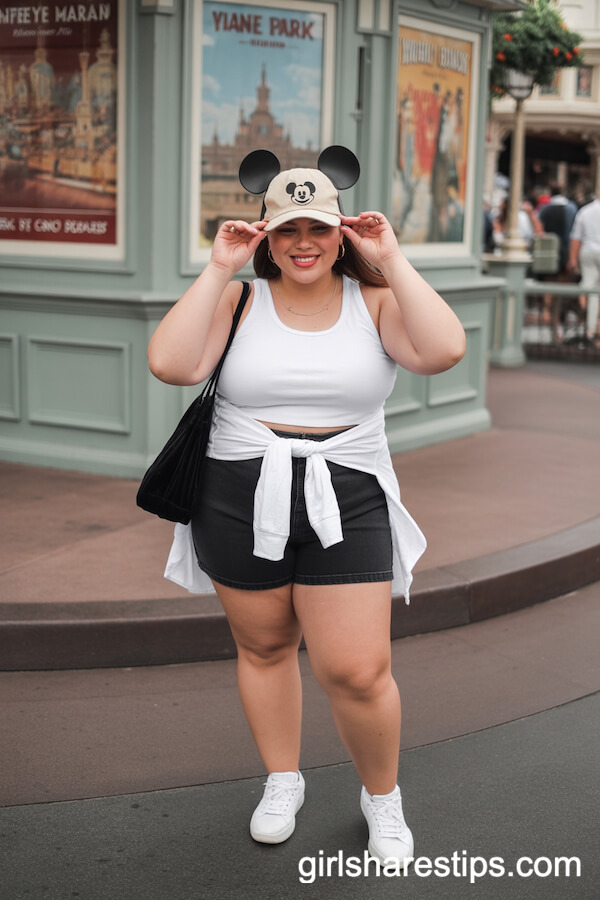 White Tank Top With Black High-Waisted Shorts and Mickey Baseball Cap