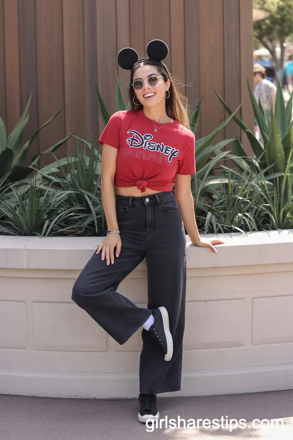 Red Cropped Disney Tee With Black Wide-Leg Jeans and Mickey Ear Headband