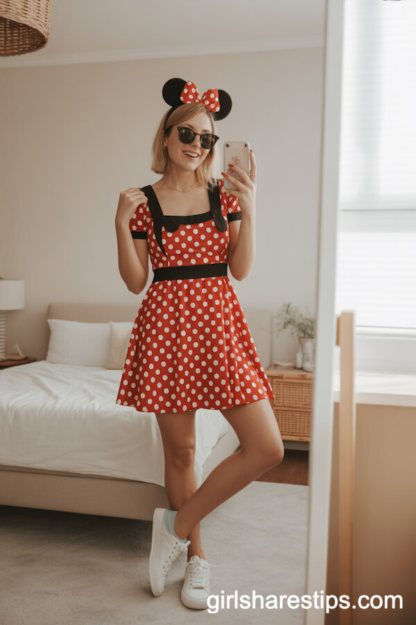 Red Polka Dot Dress With White Sneakers and Minnie Headband