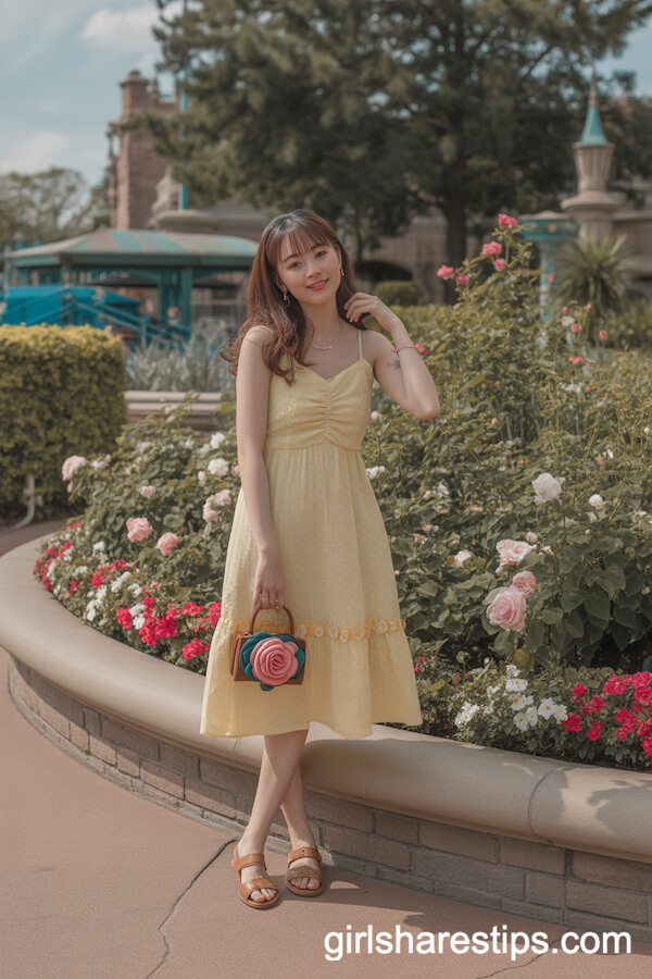 Yellow Floral Sundress With Brown Sandals and Rose Purse