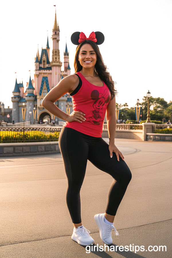 Black Leggings With Red Minnie Print Tank Top and Minnie Ears