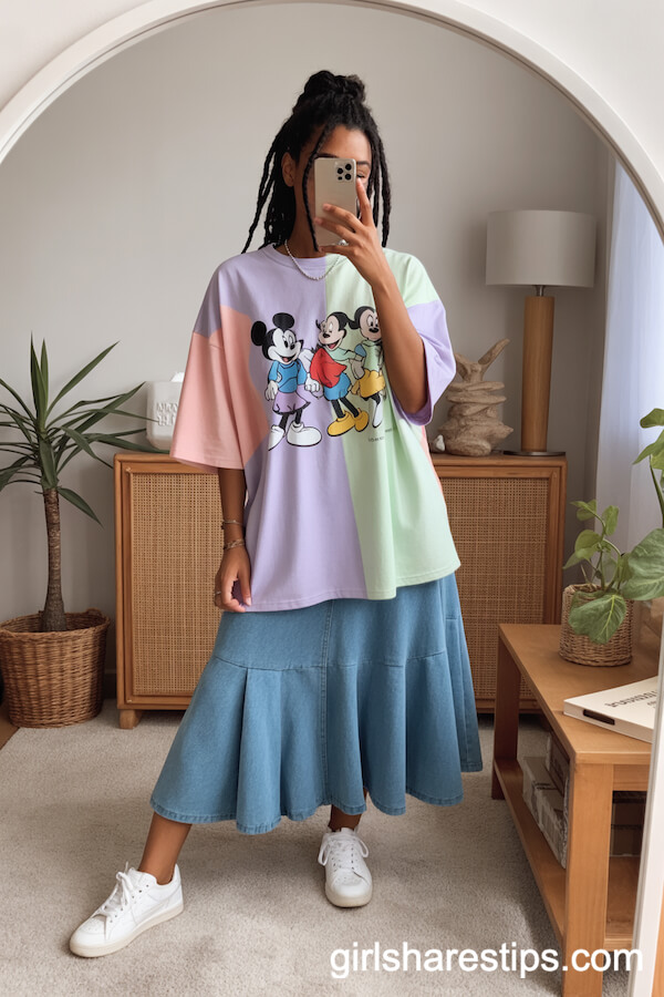 Pastel Disney Tee With A-Line Denim Skirt