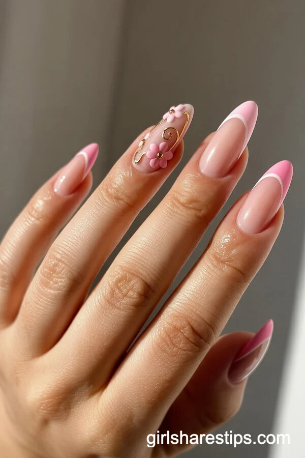 Soft Pink Ombre French Tips with 3D Floral and Gold Swirl Accents