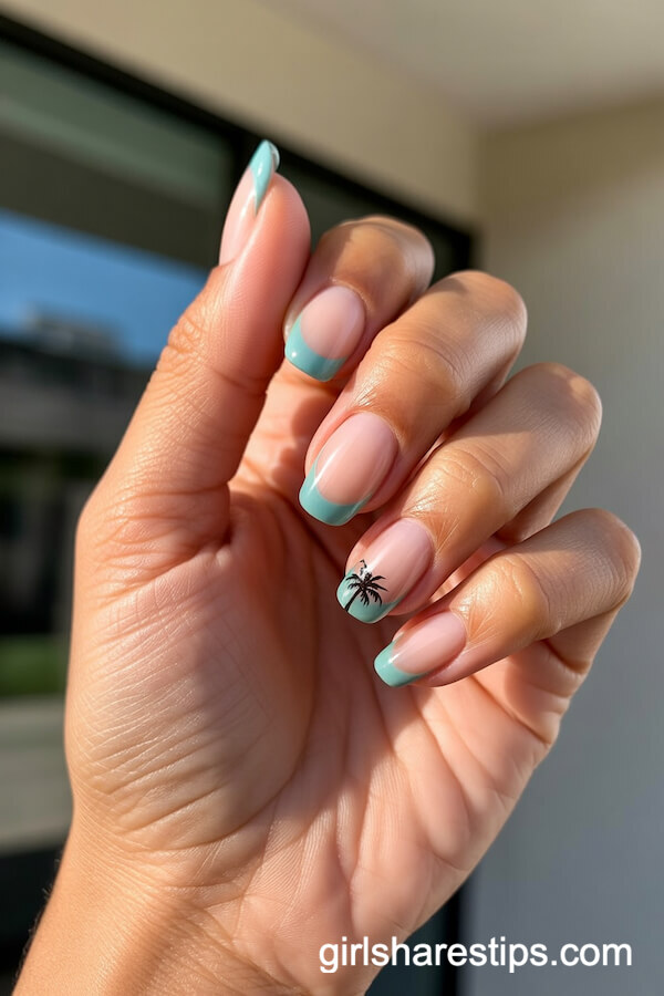 Soft Teal French Tips Featuring Tiny Palm Tree Art