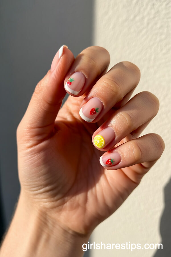 Minimal White French Tips with Painted Summer Fruit Accents