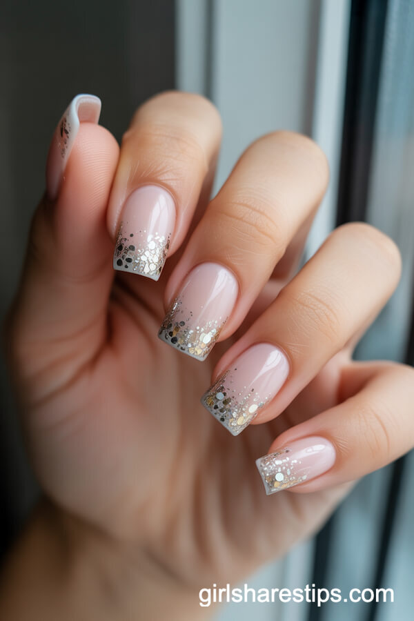 Silver and Gold Glitter Ombr&eacute; French Tips on Ballerina Nails