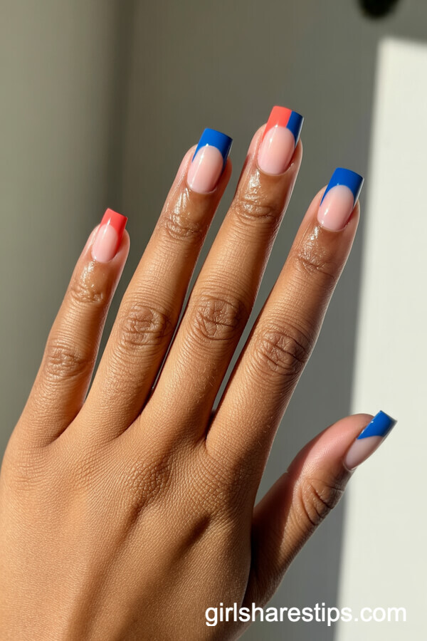 Color Block French Tips in Blue and Coral Pink