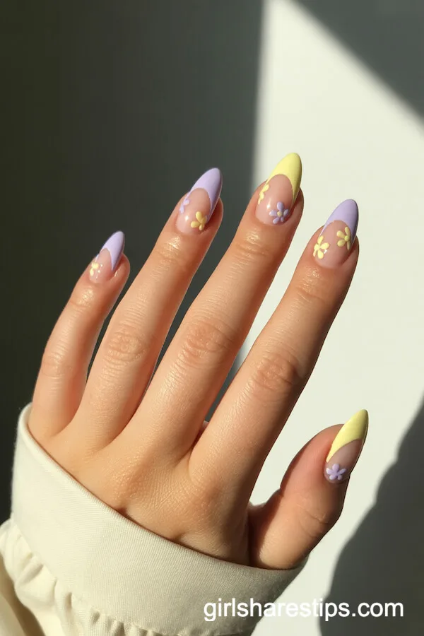 Pastel Yellow and Lilac French Tips with Hand-Painted Flower Details