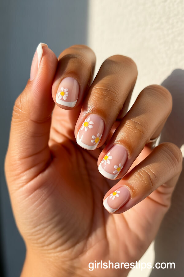 Delicate Floral French Tips with Hand-Painted Summer Flowers