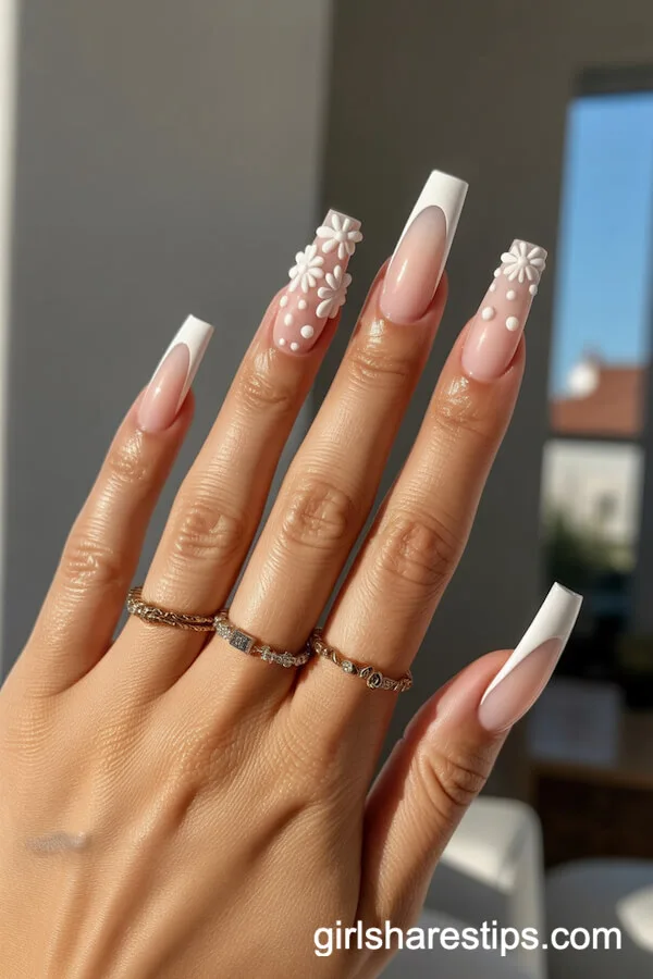 Milky White Coffin French Tips with 3D Floral and Dot Art
