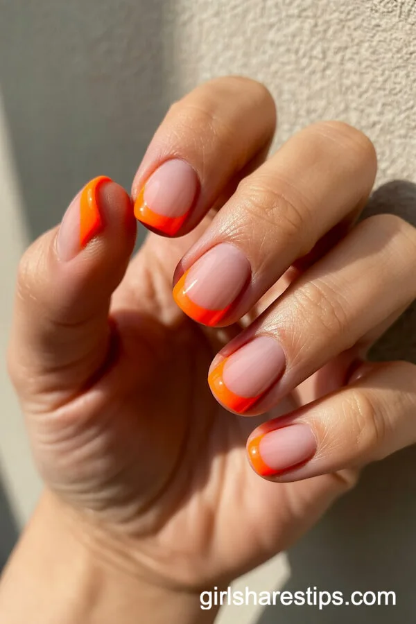 Bold Neon Orange French Tips on Short, Square Nails