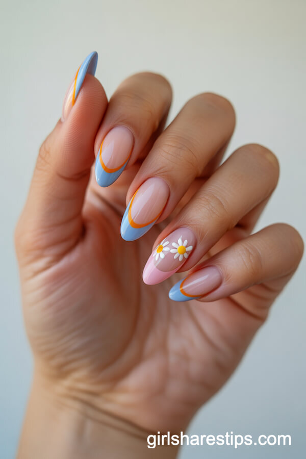 Double French Tips in Light Blue and Orange with Daisy Accents