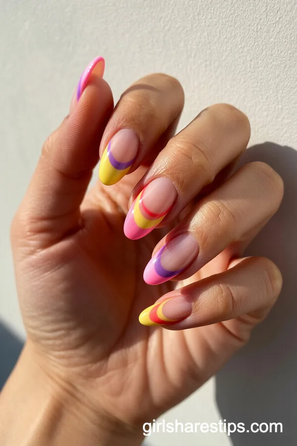 Abstract Swirled Summer French Tips in Yellow, Pink, and Purple