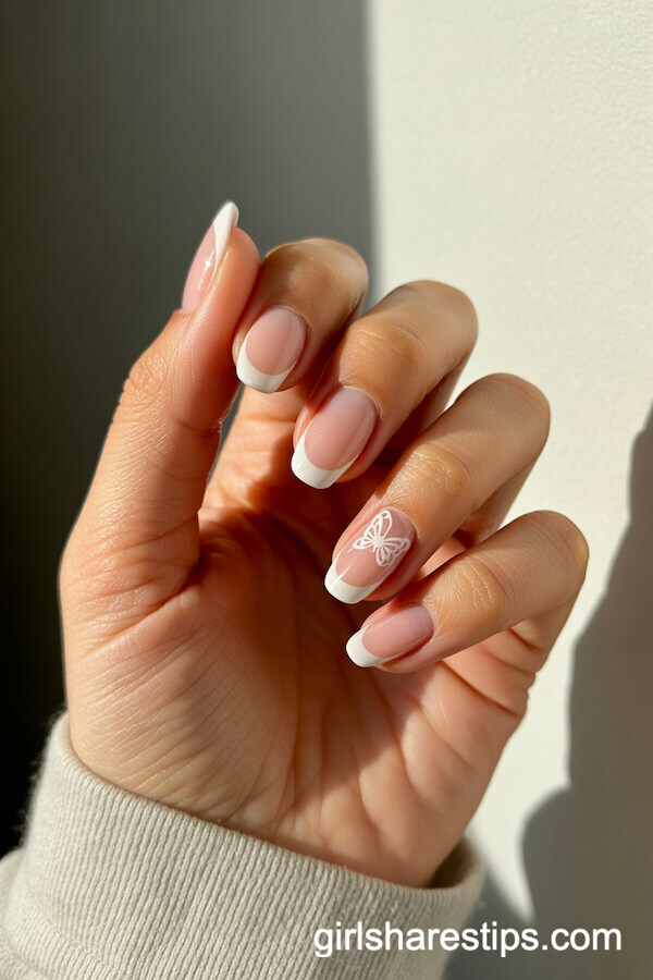Classic White French Tips with Butterfly Decals
