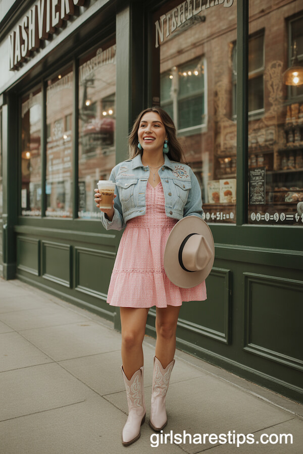 Pink Gingham Mini Dress and Denim Jacket: Sweet Bakery Cowgirl Style