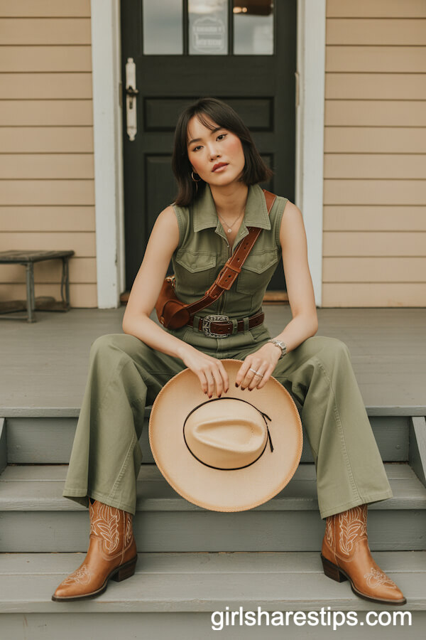 Olive Utility Jumpsuit and Tan Boots: Porch-Perfect Summer Look