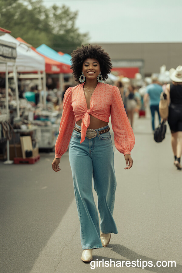 Tie-Front Blouse and Wide-Leg Jeans: Flea Market Style with Cowgirl Boots