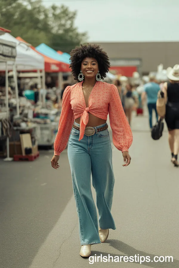 Tie-Front Blouse and Wide-Leg Jeans: Flea Market Style with Cowgirl Boots