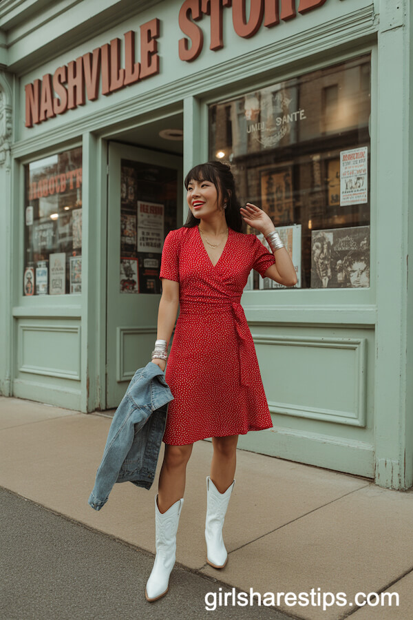 Red Polka-Dot Wrap Dress and White Boots: Vintage Record Store Cowgirl