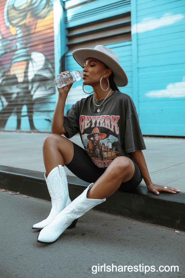 Biker Shorts and Oversized Graphic Tee: Active Cowgirl Mural Outfit