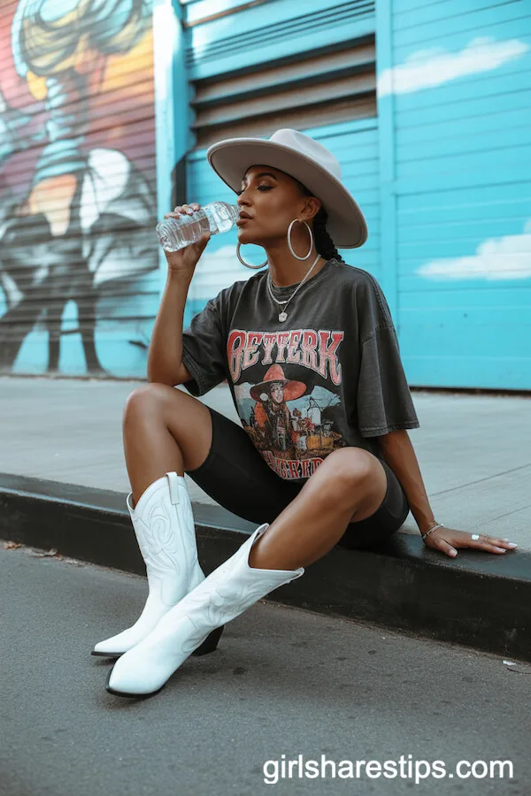 Biker Shorts and Oversized Graphic Tee: Active Cowgirl Mural Outfit