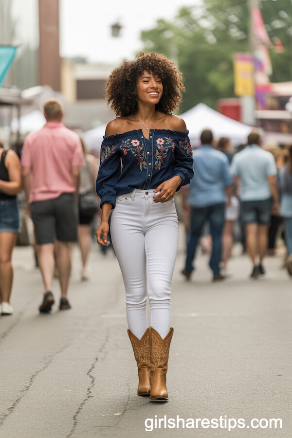 White Jeans and Embroidered Off-Shoulder Top: Festival Street Cowgirl