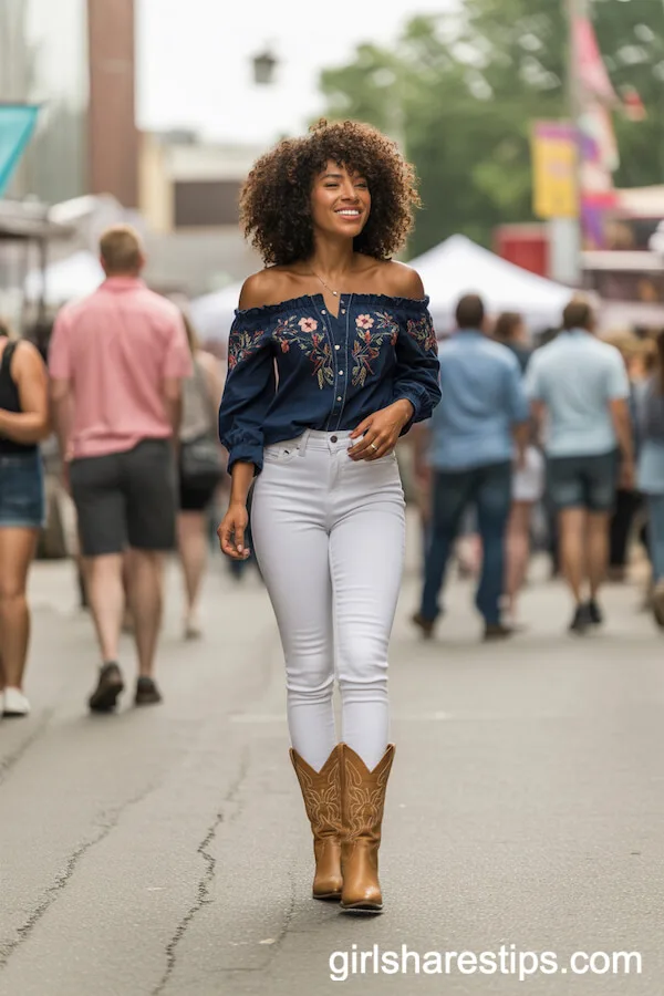 White Jeans and Embroidered Off-Shoulder Top: Festival Street Cowgirl