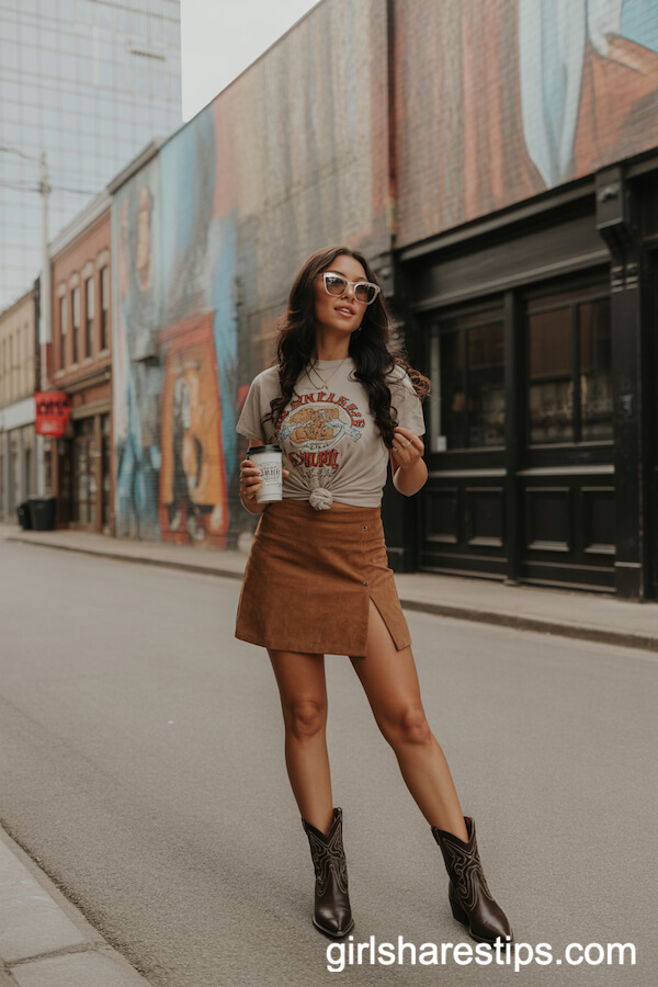 Suede Mini Skirt and Western Boots: City Mural Alley Style
